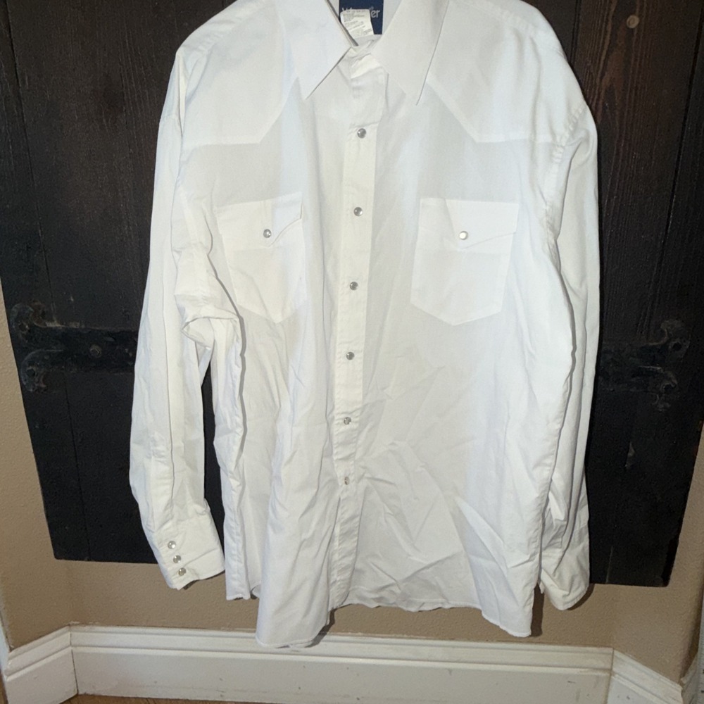Vtg Wrangler Shirt Cowboy Cut Men 17 35 White Pearl Snap Regular Fit X-Long Tail
